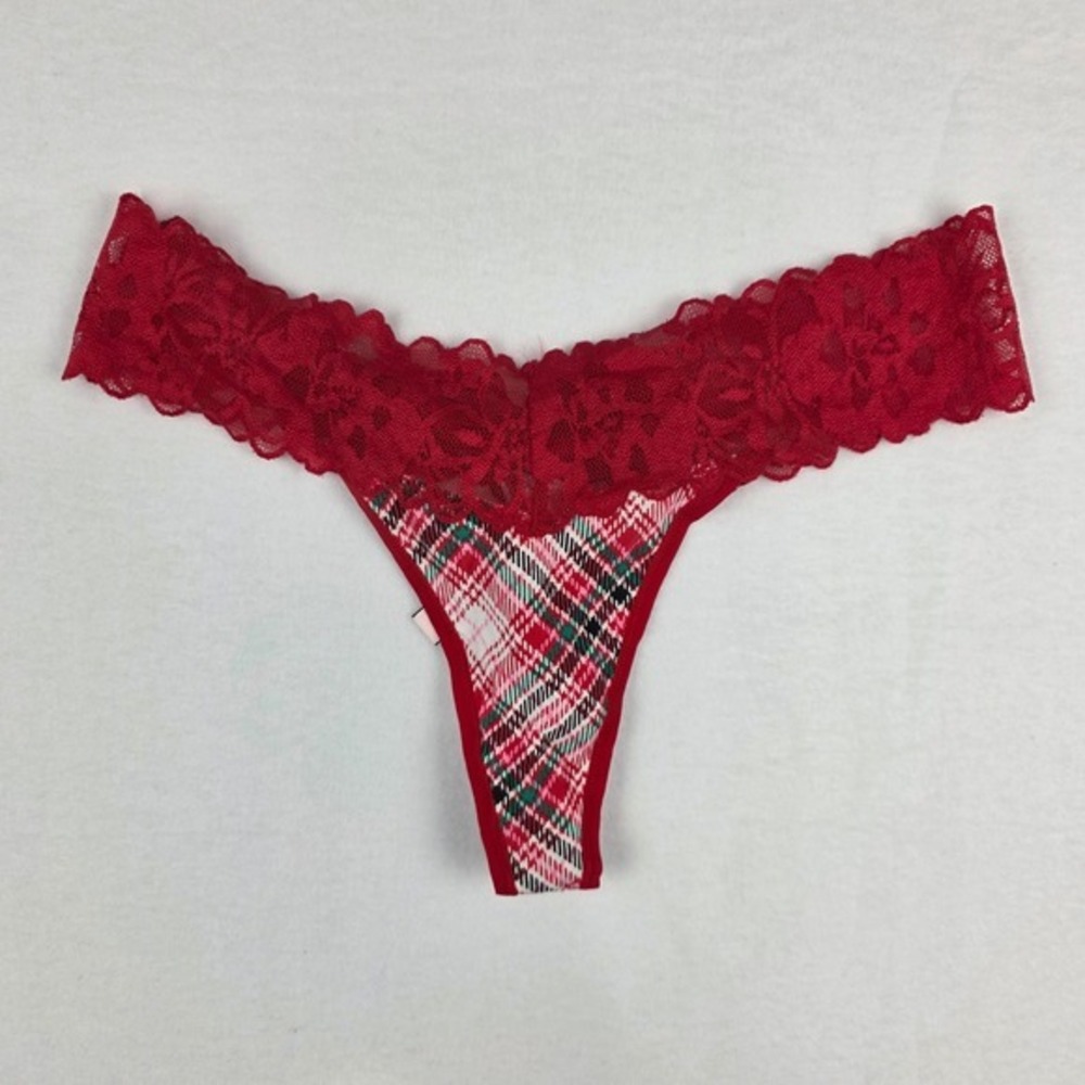 Victoria's Secret Red Plaid Floral Lace Thong Panty Size Large NWT